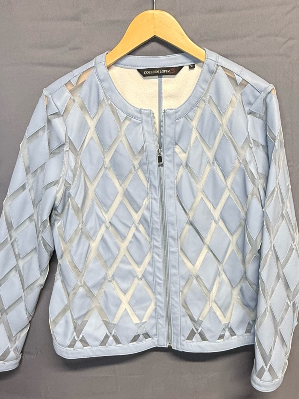 Colleen Lopez Light Blue Faux Leather Geometric Mesh Moto Topper Medium